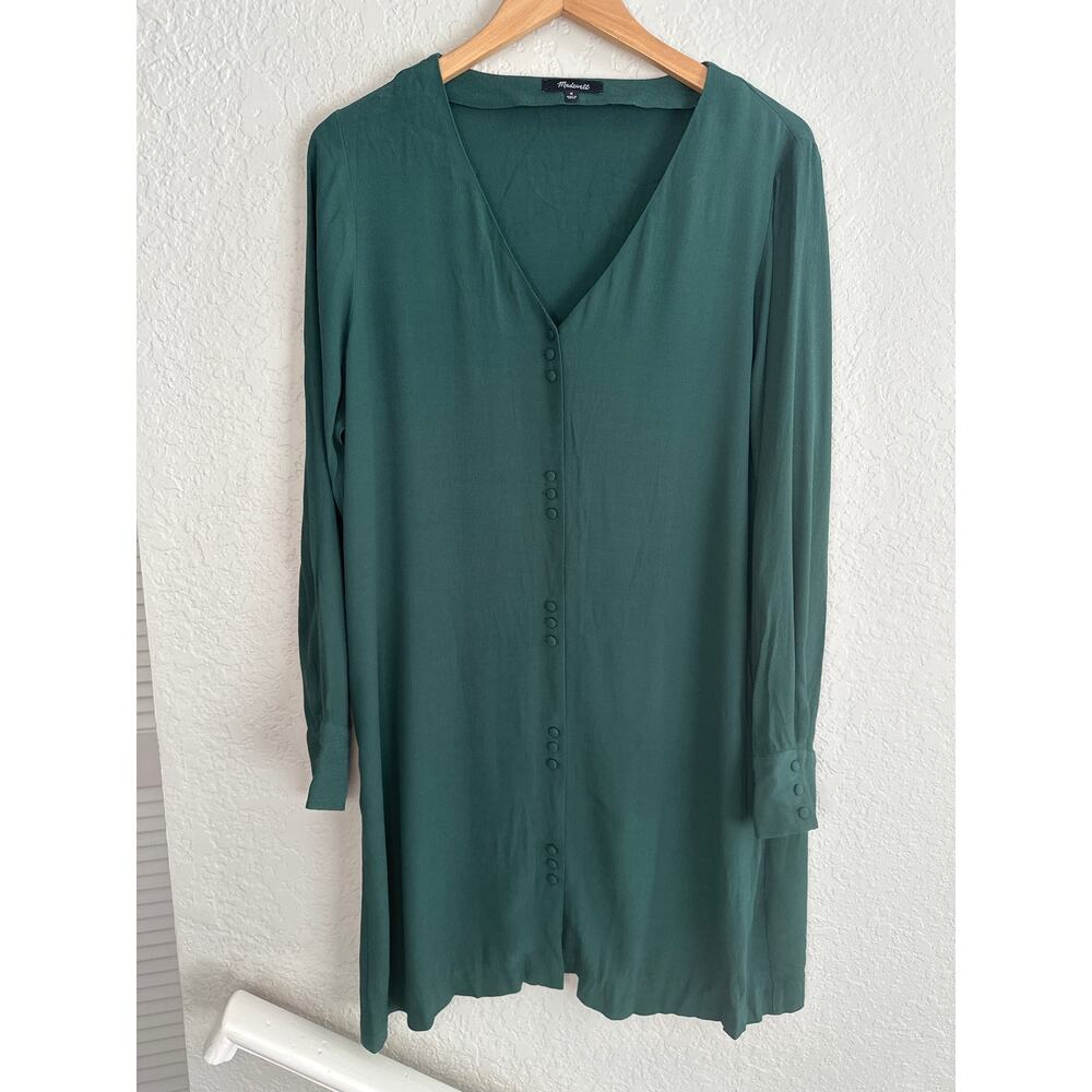 Madewell Campus Green Long Sleeve Novel Shirt Dress Viscose V Neck Mini Preppy